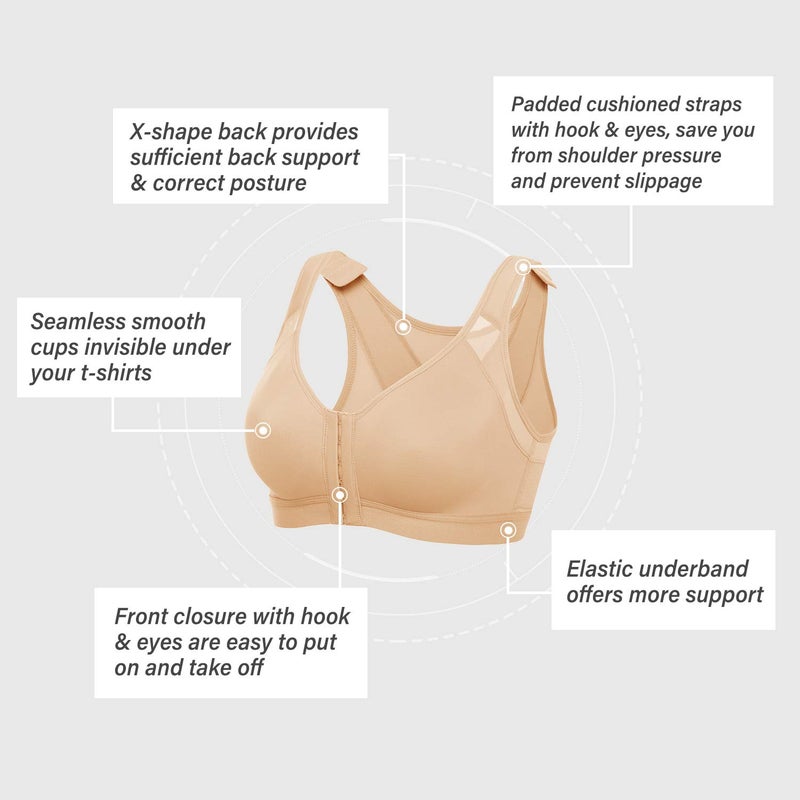 DELIMIRA Women's Front Closure Posture Wireless Back Support Full Coverage Bra Polyamide Polyester Elastane Taupe Tan 40DD - Image 2